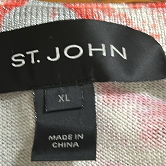 ST JOHN pink and silver rose print button down cardigan wool lurex Women’s XL - Picture 10 of 14